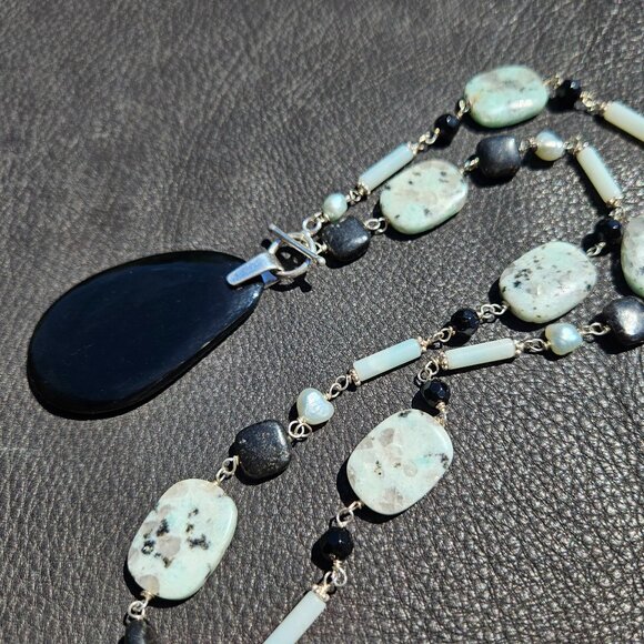 Black Onyx and Blue Amazonite Sterling Silver Necklace - Picture 1 of 6
